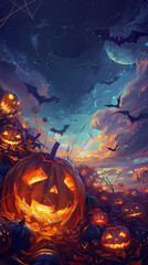 Fototapeta premium halloween night pumpkins jack-o\'-lantern sky bats moon stars autumn spooky eerie dark clouds glowing orange blue festive celebration 