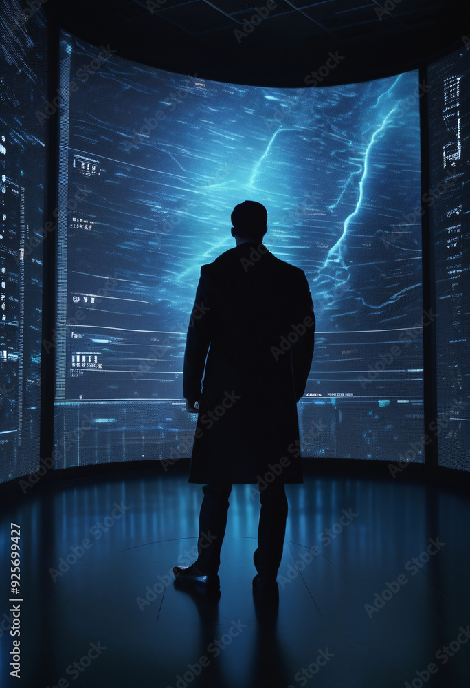 Poster a silhouette of a person standing in front of a giant digital screen with a flow of data showing var