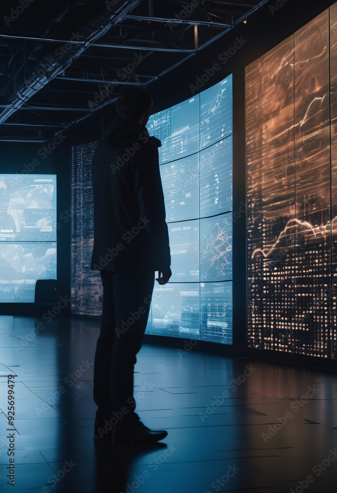 Poster a silhouette of a person standing in front of a giant digital screen with a flow of data showing var