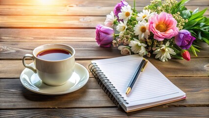 Notebook with cup of coffee and vase of flowers on table, notebook, coffee, cup, flowers, vase, table, stationary, office