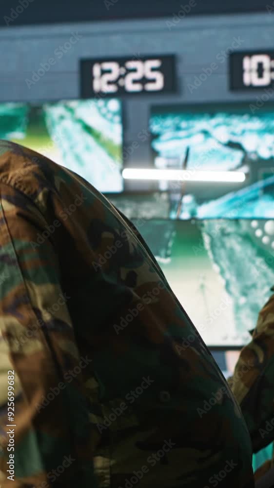 Poster vertical video intelligence corps expert in military hq base gathering information on enemy troops. 