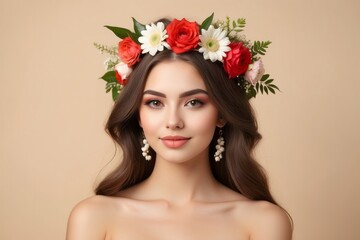 Naklejka premium Portrait of a Woman Wearing a Floral Crown and Earrings