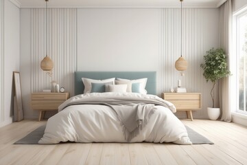 Minimalist bedroom with a white bed and light blue headboard