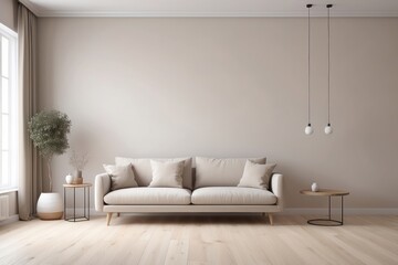 Minimalist Living Room with White Sofa, Two Pendant Lights, and a Side Table