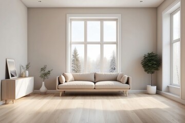 Minimalist Living Room Interior with Beige Sofa and Large Windows