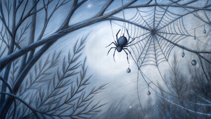 A Mysterious Spider Residing in a Frosty, Intricate Web That Defines the Winter Night