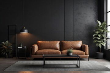 Modern living room with brown leather sofa, black coffee table, and grey rug