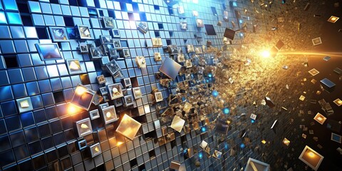 Obraz premium Metallic edges gleam with a cold sheen as pixels assemble into an evolving mosaic, icons fragmented like shards of glass.