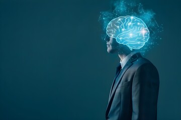 A businessman in a suit with a hologram brain above his head, against a blue background.