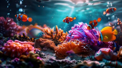 Obraz premium Diverse ocean life in a vibrant coral reef, colorful fish and corals creating a lively underwater scene, Realism, Bright colors, Highdetail