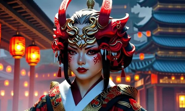 geisha girl wearing an oni mask, dressed in kimono 