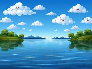 Fototapeta premium Serene Lake with Playful Cartoon Clouds in a Bright Blue Sky and Verdant Greeneryâ€”Perfect Fantasy Landscape for Relaxation and Inspiration