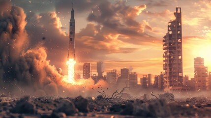 Rocket launch at sunset, leaving a trail of smoke in the dark sky above the ruined city