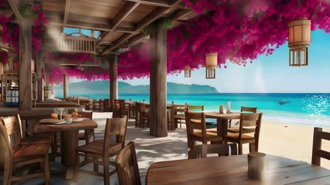 A vintage themed aesthetic cafe restaurant with purple bougainvillea flower decoration and ocean view. Seamless 4K looping timelapse video animation background