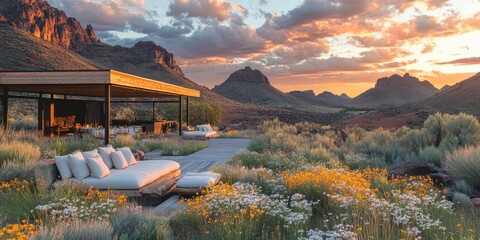 Modern Desert Retreat at Sunset with Stunning Mountain Views Surrounded by Lush Floral Landscape and Cozy Outdoor Seating