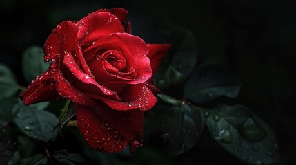 A Red Rose Flower With Water Drop In Dark