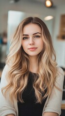 Fototapeta premium Radiant Transformation - A Young Woman's Stunning Hairdo Post-Coloring and Highlighting at the Salon.