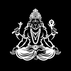 A white logo outline of a cool Hanuman on a black background