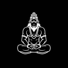 A white logo outline of a cool Hanuman on a black background