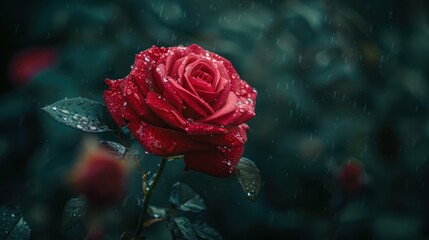 A Red Rose Flower With Water Drop In Dark