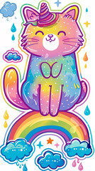 Obraz premium cat rainbow unicorn colorful cute illustration clouds rain cartoon fantasy whimsical animal kawaii magical drawing 
