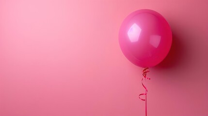 A pink helium-filled balloon attached to a wall with a ribbon and string.