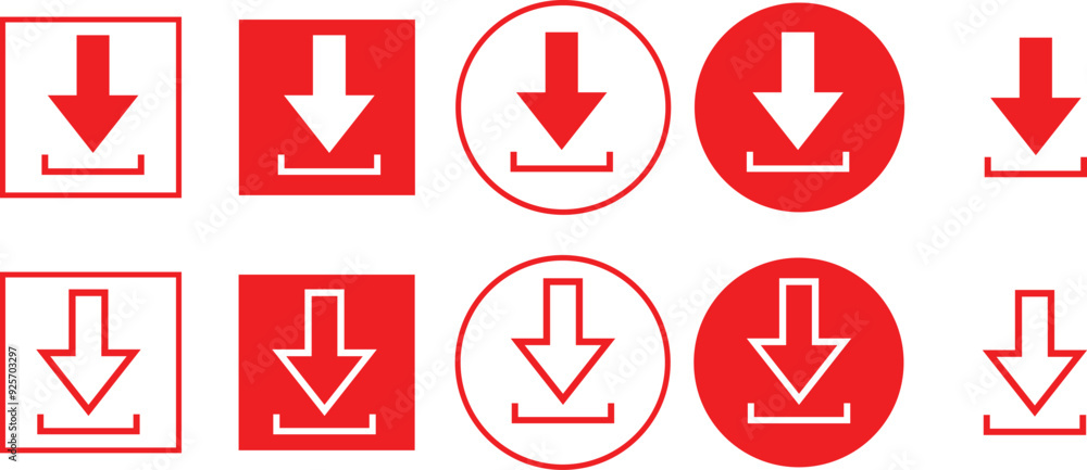 Poster set of red circle rectangle download button vector illustration.