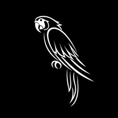 Obraz premium A white logo outline of a cool Scarlet macaw on a black background
