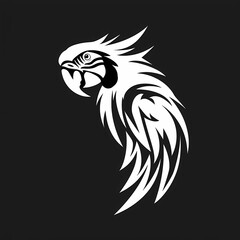 A white logo outline of a cool Scarlet macaw on a black background