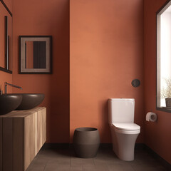 Modern bathroom with brown wall and wooden vanity