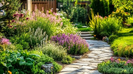 Summer's Embrace - A Charming Cottage Garden Oasis with a Stone Pathway and Flourishing Perennials.