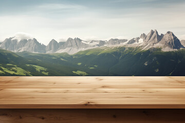Wooden table surface with mountain landscape background for product mockup
