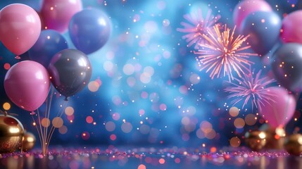 Celebratory balloon arrangement with fireworks in the background.