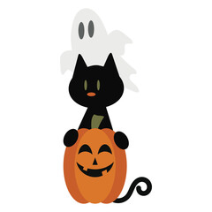 Halloween ghost, pumpkin and black cat vector cartoon illustration