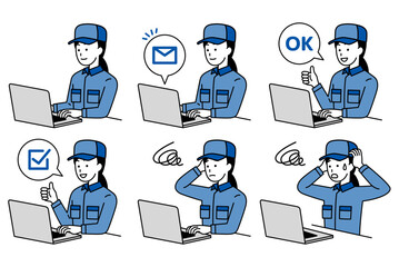 ノートパソコンで仕事をしているつなぎ作業服の女性　セット