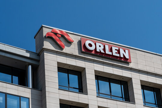 Warsaw, Poland - July 27, 2024: Orlen company sign and logo on the office building in  Warsaw, Poland. Orlen is a Polish 