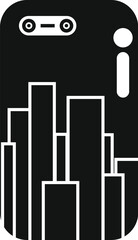 Black simple icon of a smartphone showing city buildings at night