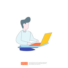 Simple illustration of man working on laptop, blue, yellow, and red, for website, app, or presentation.