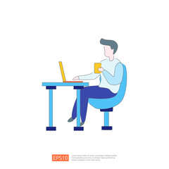 Man sitting at desk working on laptop and holding a cup of coffee. Freelance, remote work, home office concept.