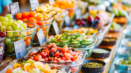 Sumptuous Buffet of Fresh Salads and Fruits in Bokeh Panorama