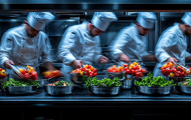 Naklejka premium Busy Chefs in Restaurant Kitchen with Blurred Background