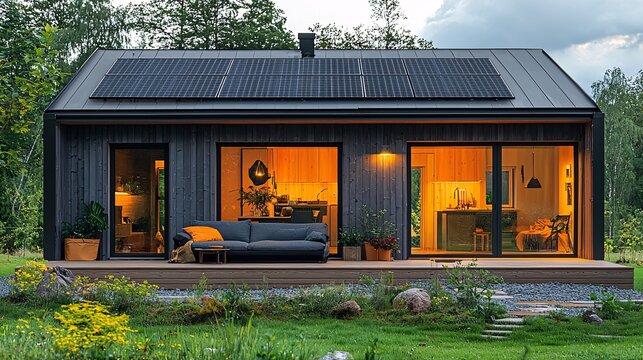Tiny Solar-Powered House: A small, cozy home with solar panels, highlighting the simplicity and efficiency of renewable energy.
