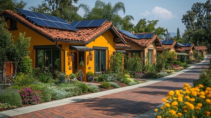 Eco-Friendly Neighborhood: A street of houses, each with solar panels on the roof, representing a community committed to renewable energy.