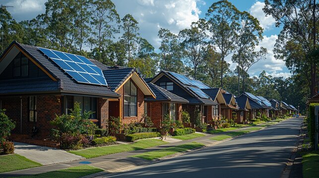 Eco-Friendly Neighborhood: A street of houses, each with solar panels on the roof, representing a community committed to renewable energy.