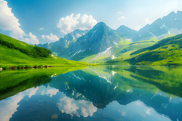 Fototapeta premium Mountain lake with reflection of snow peaks. Mountain Lake Reflection. Tranquil Alpine Paradise: Clear Lake Reflecting Snow-Capped Peaks, breathtaking landscapes of nature, 