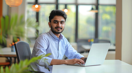 portrait of an Indian businessman working on laptop sitting in modern office