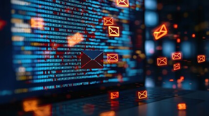A bogus email is open on a computer screen along with a warning about phishing scams.