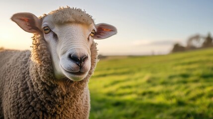 Fototapeta premium A close-up view of a sheep's face, wool fluffy and eyes alert, framed against a lush green pasture background under a clear sky.