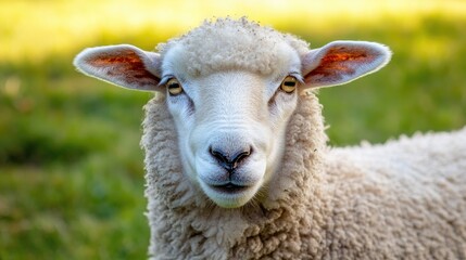 Obraz premium A close-up view of a sheep's face, wool fluffy and eyes alert, framed against a lush green pasture background under a clear sky.