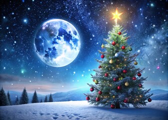 Moonlit winter wonderland scene featuring iconic Christmas tree and festive decorations in silhouette against a vibrant, starry night sky with snowflakes gently falling.